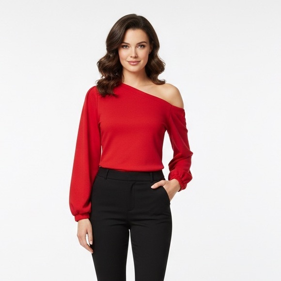 Banana Republic Tops - Banana Republic One Shoulder Red Puff Sleeve Blouse Top M